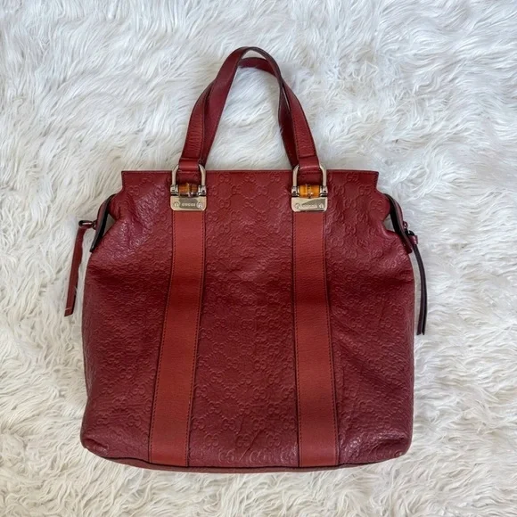 Authentic Gucci Guccissima GG Burgundy Wine Red Tote Bamboo Leather Bag ♥️ - Picture 2 of 11